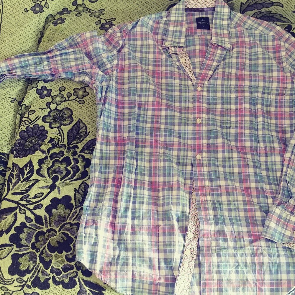 Tailorbyrd  Blue Plaid Cotton Stretch Long Sleeve Shirt